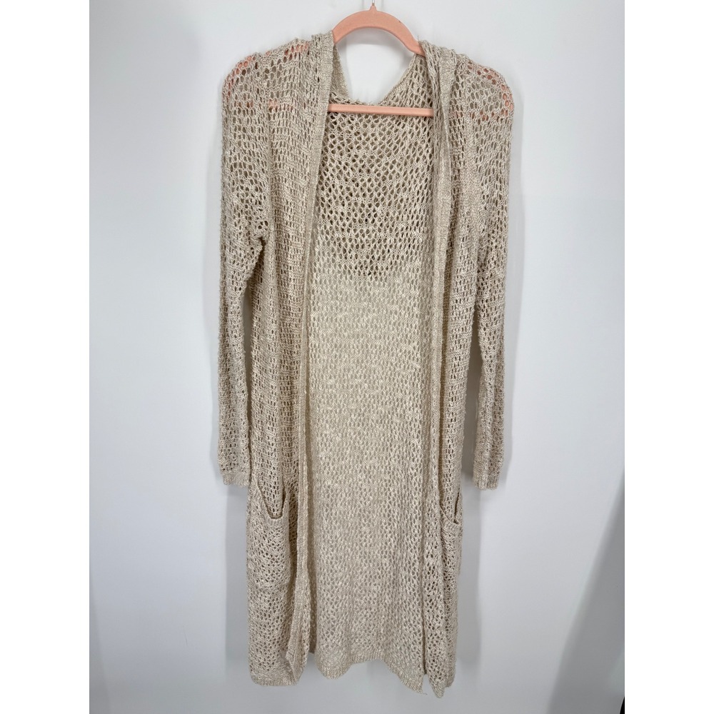 Duster Cardigan Womens M Oatmeal Cotton Linen Open Knit Hooded Pockets